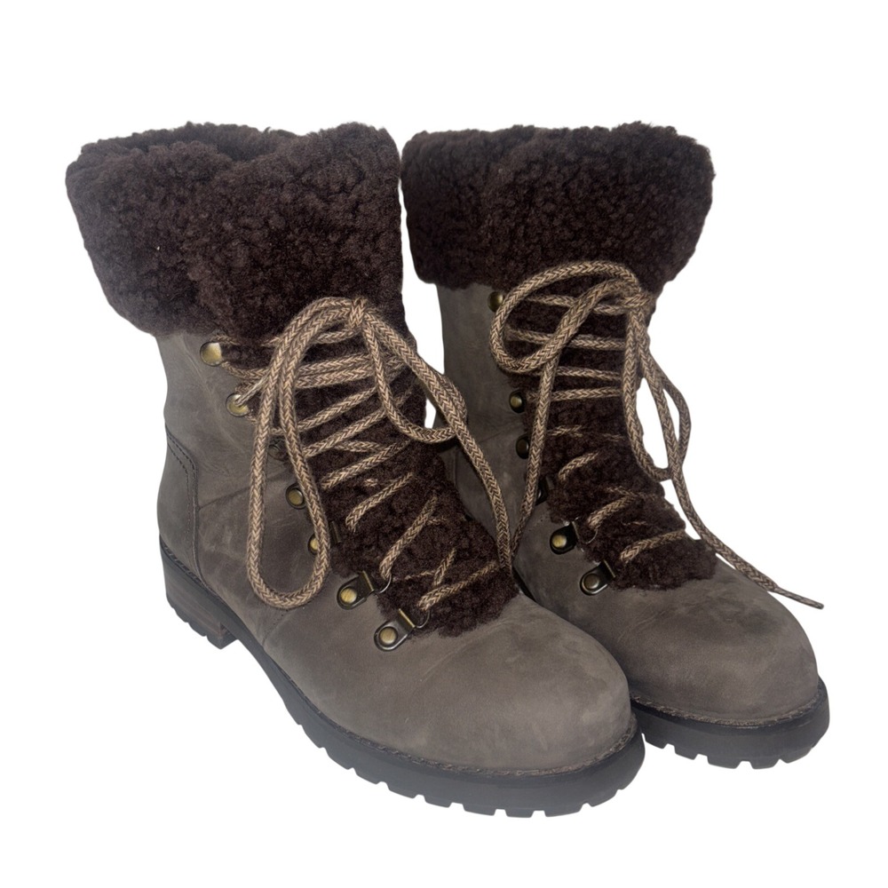 UGG Kesey Grey Waterproof Leather Shearling Lace Up Boots 1018898 Womens 6